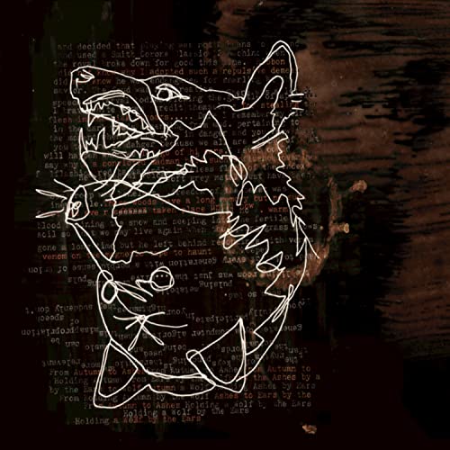 White wolf outline holding scissors against a dark background with faint text overlay.