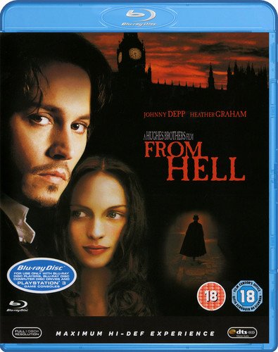 “From Hell” Blu-ray cover featuring Johnny Depp, Heather Graham, and Victorian London.