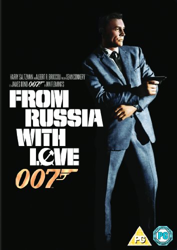 Sean Connery as James Bond in a suit holding a pistol on a black background.