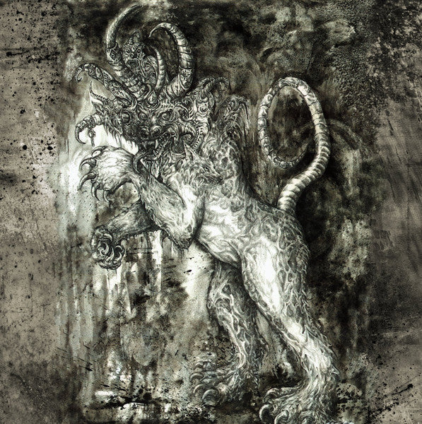 Black and white illustration of a monstrous, ornate creature with horns.
