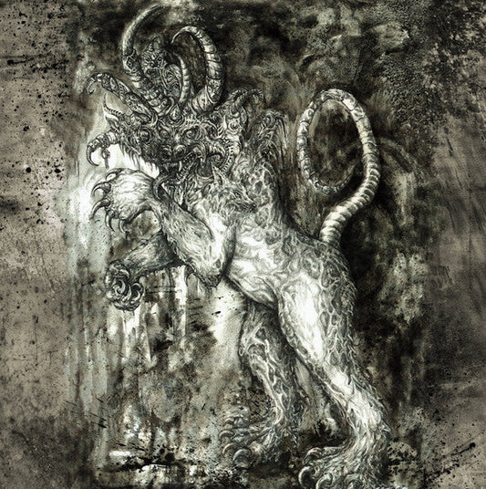 Black and white illustration of a monstrous, ornate creature with horns.