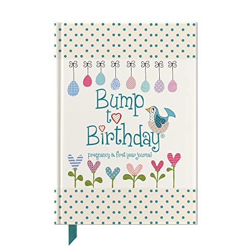 Blue polka dot journal with floral and bird illustrations, titled "Bump to Birthday".
