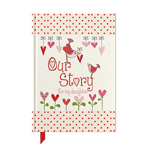 Red polka dot journal with bird and floral illustrations, titled “Our Story”.