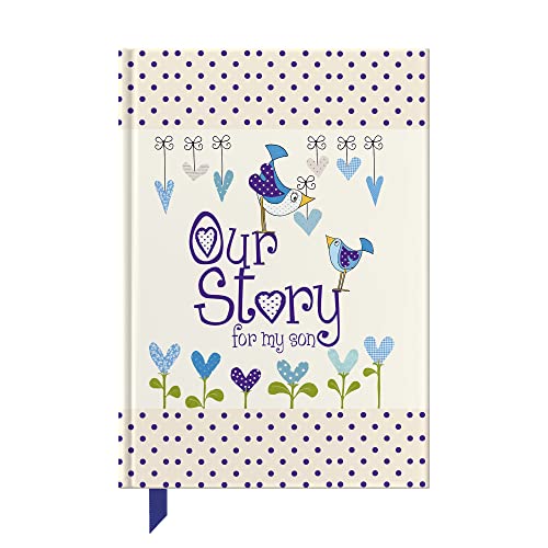 Blue polka dot journal with “Our Story” title and bird illustrations.