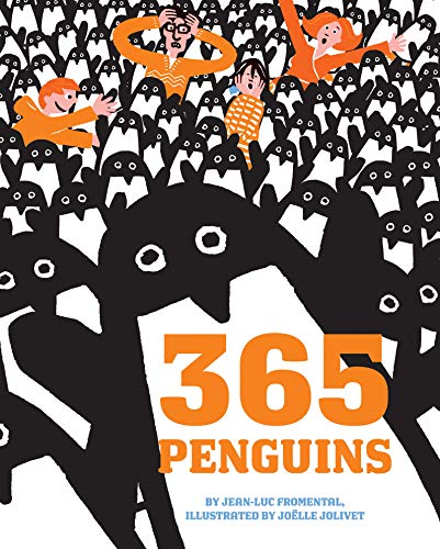 A large crowd of black and white penguins surrounding a family with orange accents.