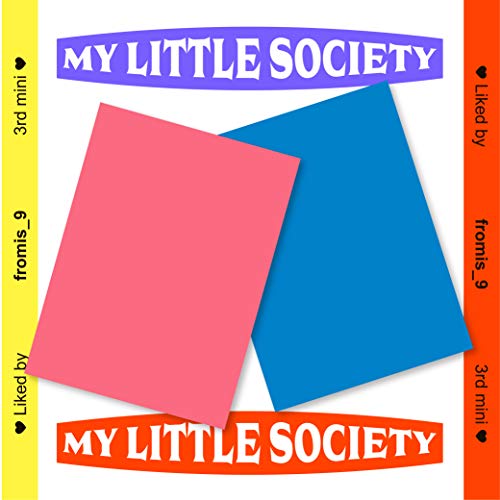 Album cover for Fromis 9’s “My Little Society” with abstract pink and blue shapes.