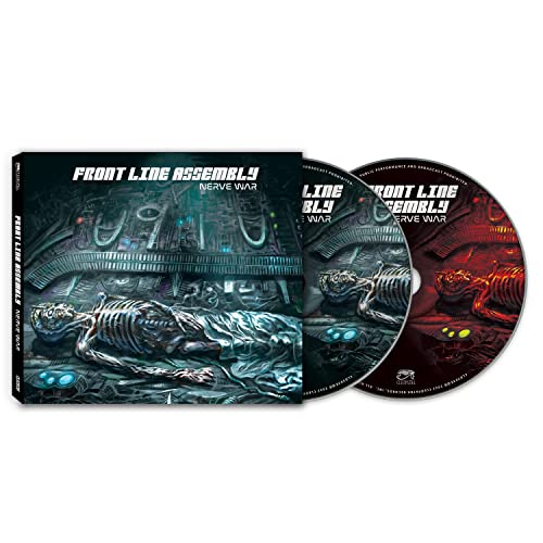 Front Line Assembly Nerve War CD case and two discs featuring skeletal artwork.