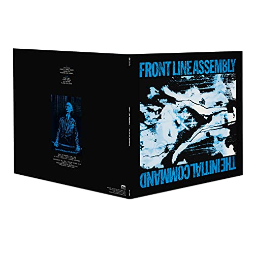 Open gatefold vinyl cover for Front Line Assembly's The Initial Command with blue graphics.