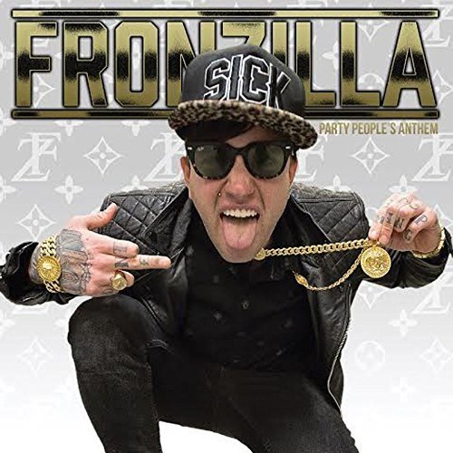 "Album cover featuring a man crouching, wearing black and gold jewelry, against a Louis Vuitton pattern."