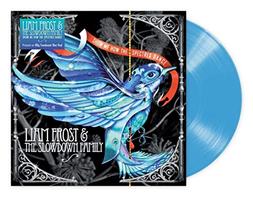 Vinyl record with blue translucent disc and bird illustration on cover.