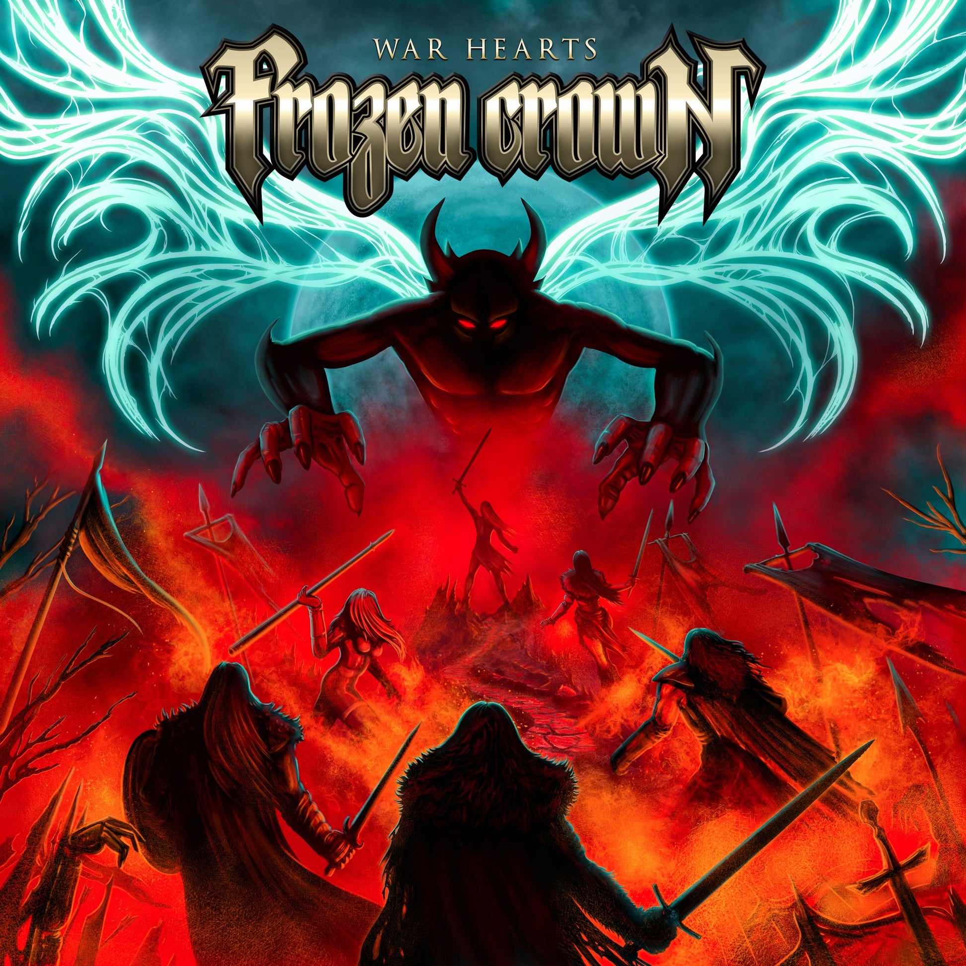 Album cover for Frozen Crown’s “War Hearts” featuring a demonic figure and battle scene.