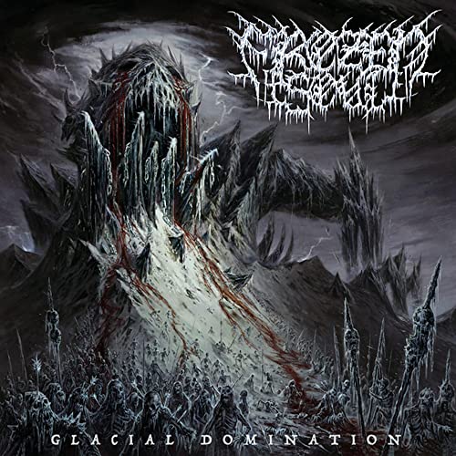 Dark fantasy album cover with icy mountains and skeletal figures.