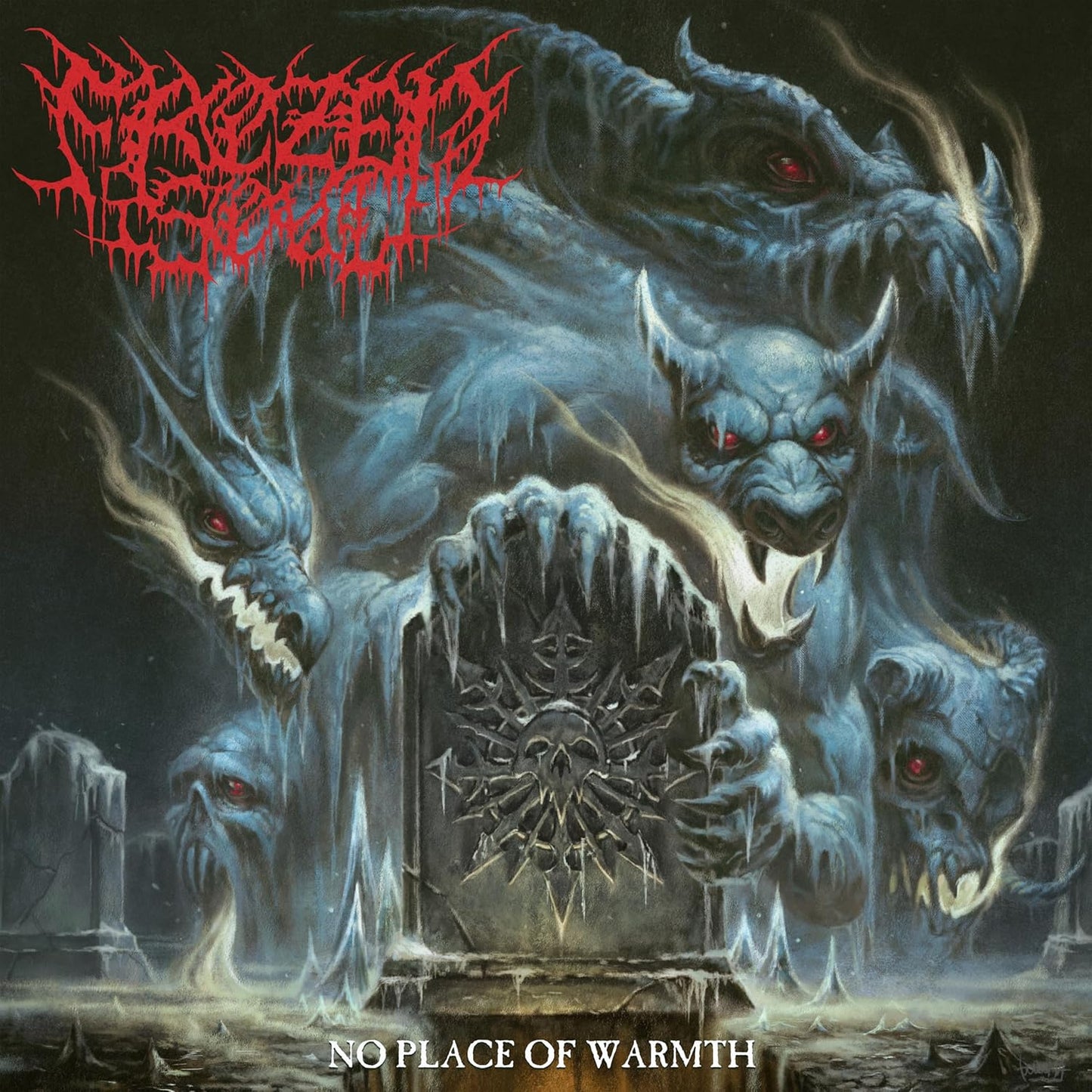 Frozen, monstrous creatures with red eyes surround a skull-adorned tombstone in a dark graveyard.