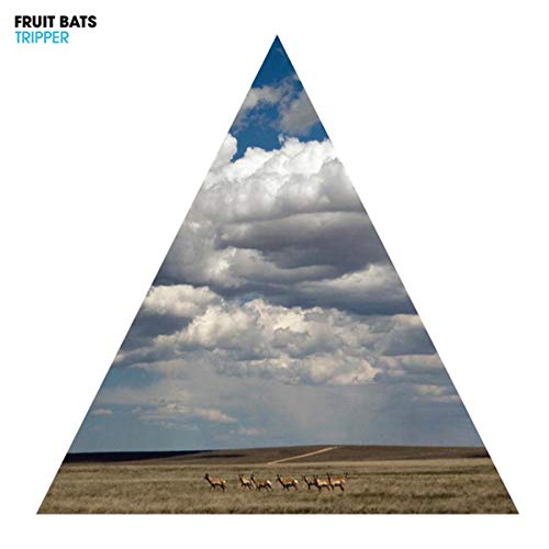 Triangle containing a landscape with a cloudy sky and running deer.