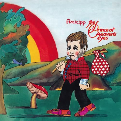 Album cover: boy with red bag, rainbow, trees, and mushroom illustration.