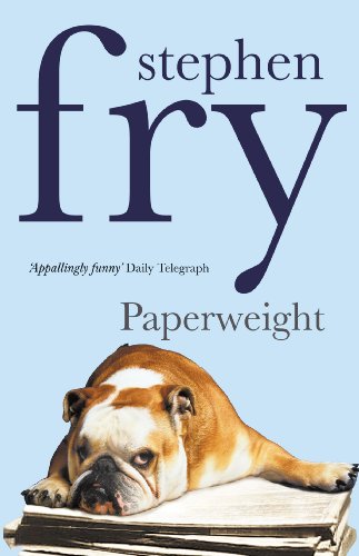 Book cover for "Paperweight" featuring a bulldog resting on books.