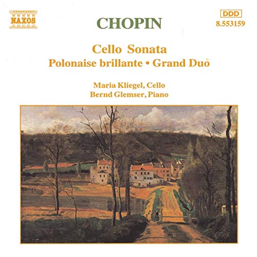 CD cover featuring text about Chopin's cello works above a landscape painting of a village.