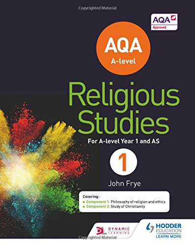 "Textbook cover for AQA A-level Religious Studies, with colorful explosion on dark background."