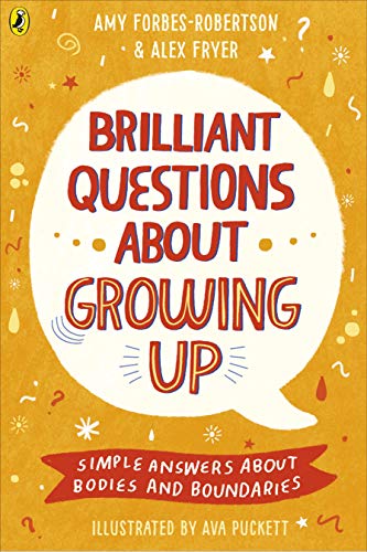 Book cover with colorful text: "Brilliant Questions About Growing Up.