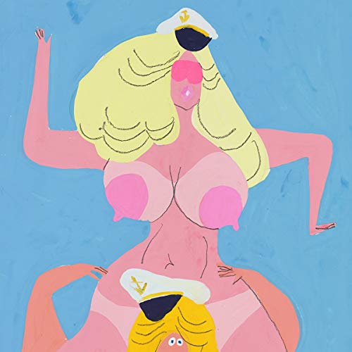 Alt text: Abstract illustration of two figures with blonde hair and sailor hats on a blue background.