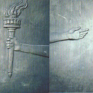 Split image showing a hand holding a flaming torch and an open outstretched hand.