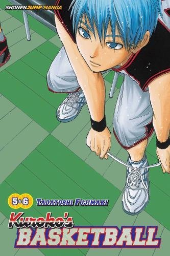 Manga cover featuring a blue-haired boy tying his basketball shoes on a green court.