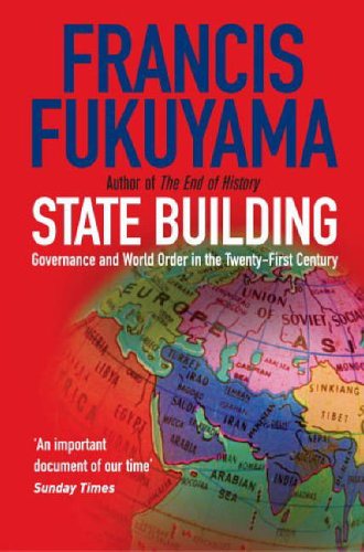 Book cover: "State Building" by Francis Fukuyama, with a world map background.