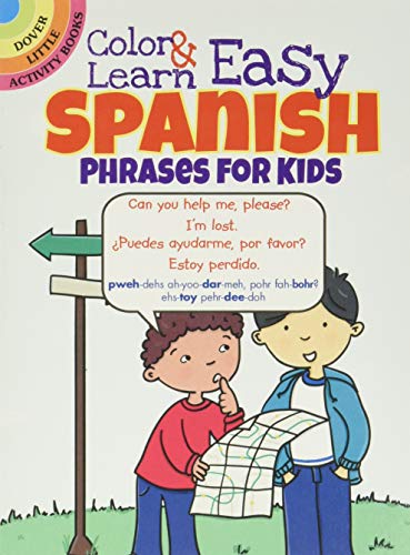Cover of Color & Learn Easy Spanish Phrases for Kids book showing two cartoon boys.