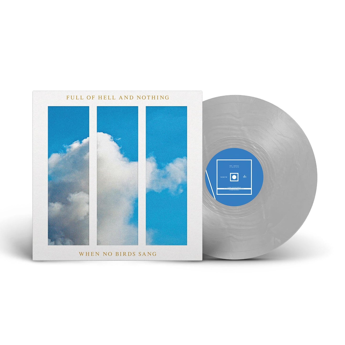 Vinyl record cover and translucent grey disc with blue label featuring cloud imagery.