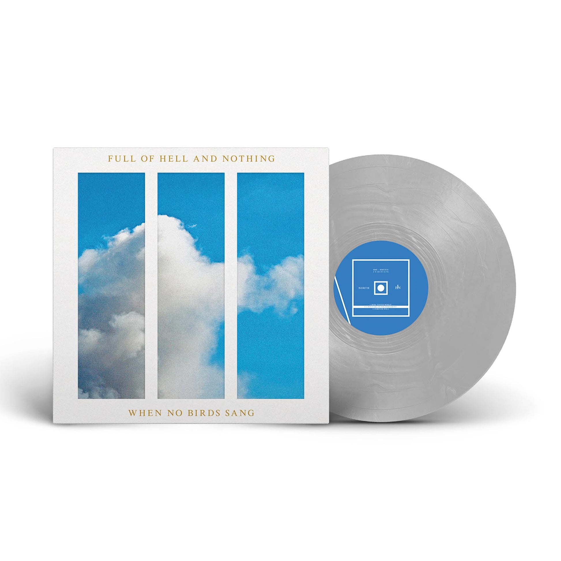Vinyl record cover and translucent grey disc with blue label featuring cloud imagery.