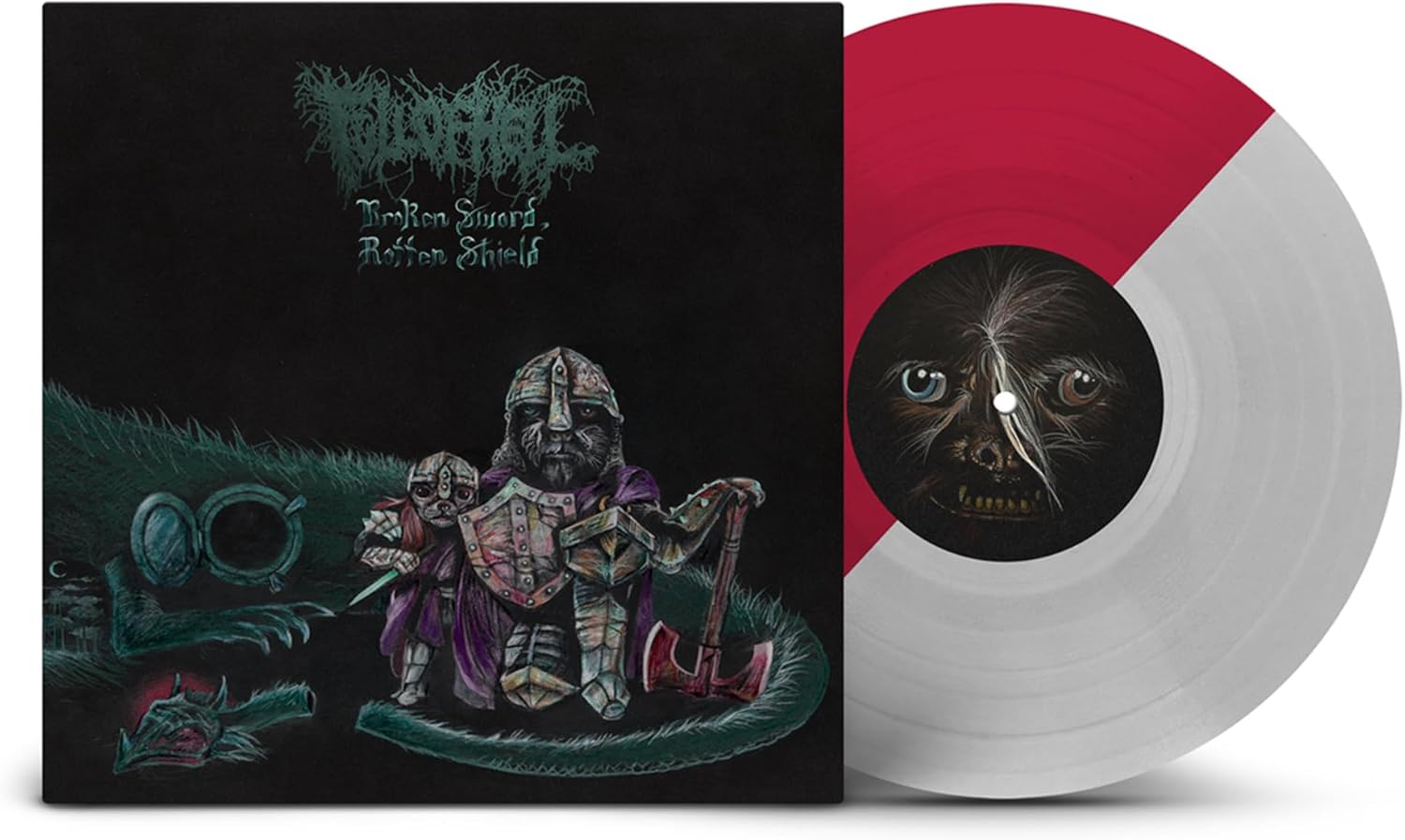 Full of Hell vinyl record with split red and white disc and illustrated cover.