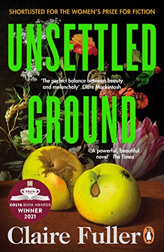 Book cover: "Unsettled Ground" with apples, flowers, and green text.