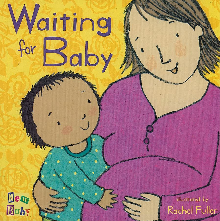Colorful illustration of a pregnant woman and toddler waiting for new baby to arrive.
