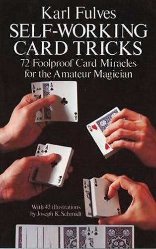 Book cover with hands holding playing cards, titled "Self-Working Card Tricks".