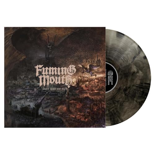 Fuming Mouth Last Day of Sun album cover art next to a marbled vinyl record.