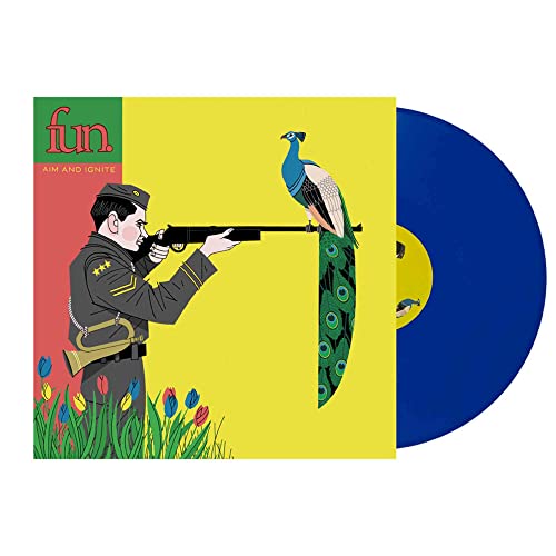 Yellow album cover with soldier aiming at a peacock, blue vinyl record.