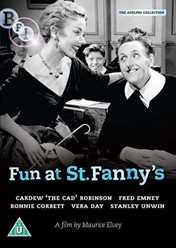 Black and white DVD cover for "Fun At St. Fanny's" featuring two actors.