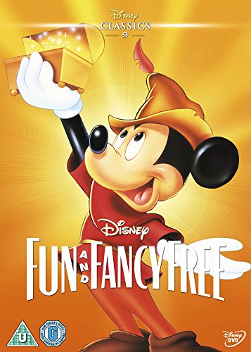 Mickey Mouse wearing a feathered cap holds a glowing treasure chest on a gold background.