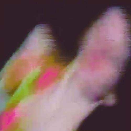 Abstract pink and green vinyl record cover with distorted imagery.