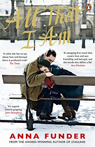 Book cover: couple embracing on a park bench in winter, titled "All That I Am".