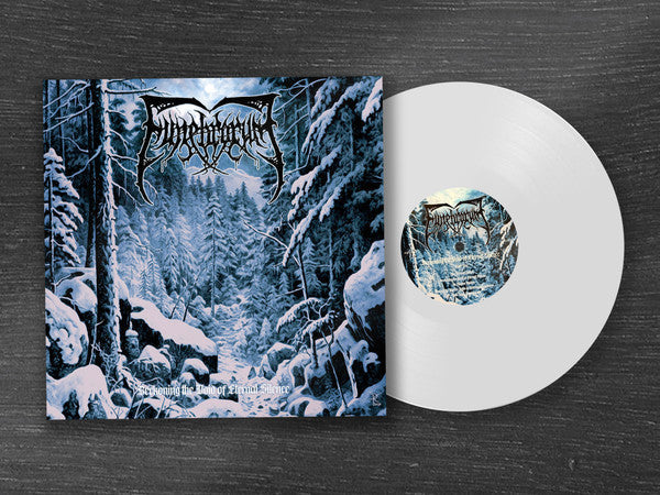 Vinyl record with snowy forest album art and band logo “Funebrarum”.