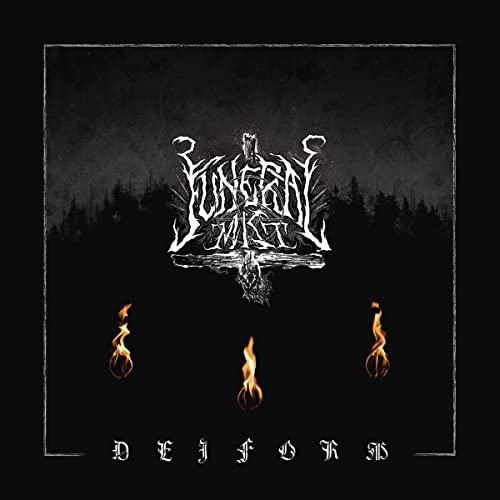 Dark album cover with ornate, gothic lettering and three flames.