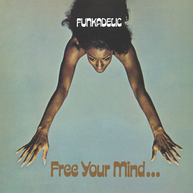 Funkadelic album cover: woman stretching towards viewer against blue background.