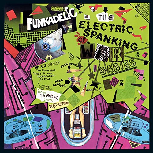 Funkadelic album cover: collage of text, robots, and a figure in a capsule.