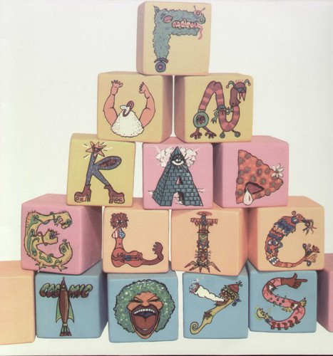A pyramid of 16 wooden blocks with colorful, cartoon-like creature illustrations on each face.
