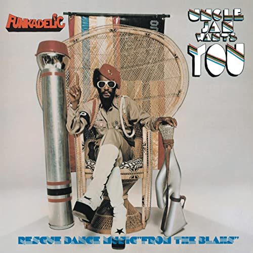 Funkadelic album cover featuring a man in a peacock chair, sunglasses, and boots.