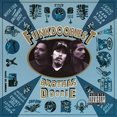 Funkdoobiest album cover: three men in a blue, illustrated radial design.