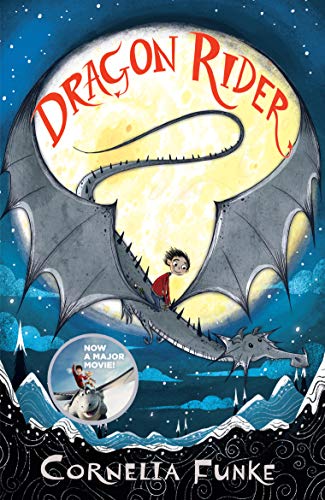 Boy riding a silver dragon against a moonlit blue sky.