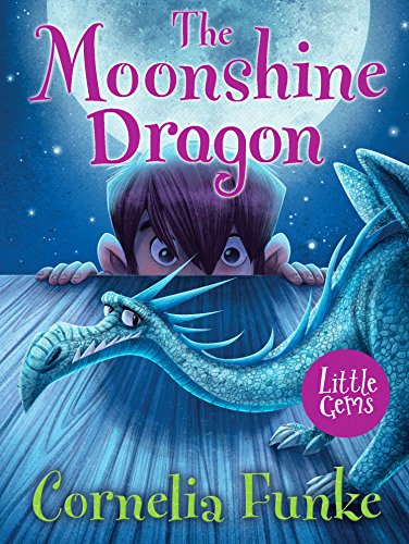 Book cover: boy peeking with a blue dragon, starry background.