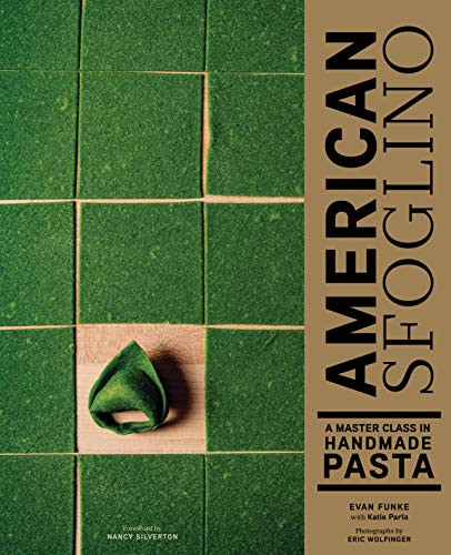 Book cover: "American Sfoglino" with green tiled background and pasta.